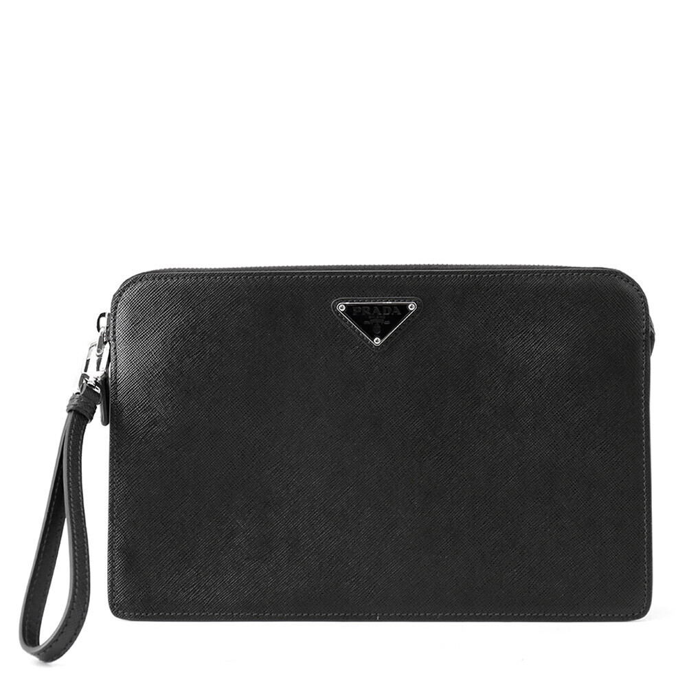 Prada Saffiano Leather Clutch Bag Black Shoulder